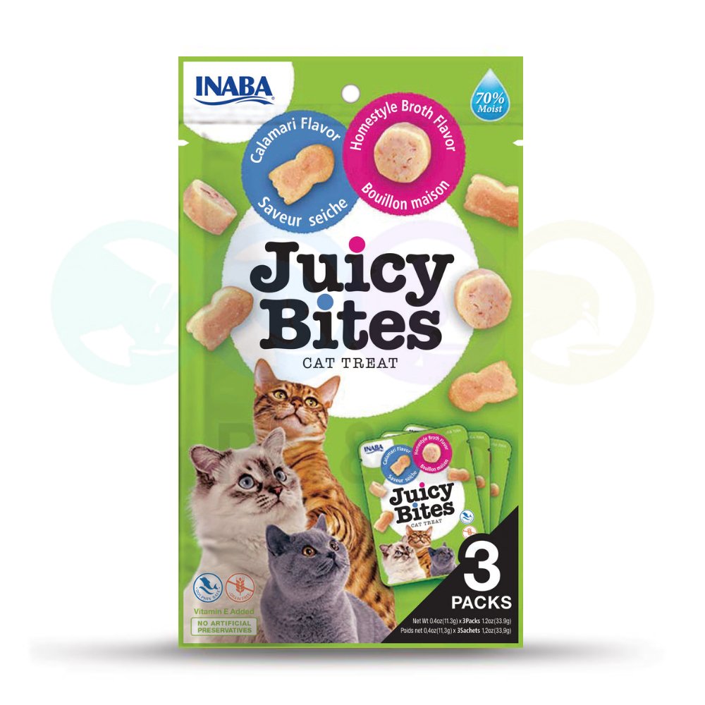 Friandises pour chats juteuses aux calamars et buillon maison 4×14g - Juicy  Bites - Pet & Co