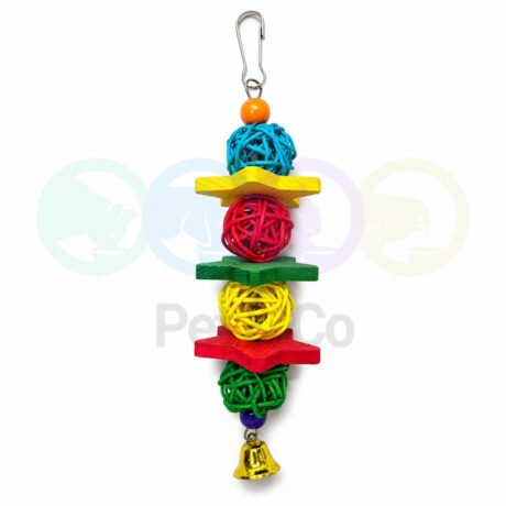 Bird Colorful Wooden Star & Rattan Ball Hanging Toy with Bell