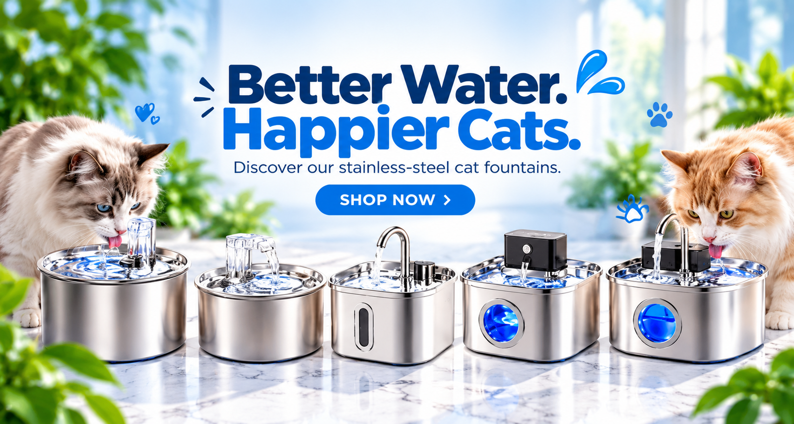 Fontaines en acier, chats heureux